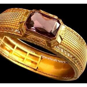 Czech Art Deco Purple Amethyst Glass Vintage Estate Bangle Filigree Bracelet